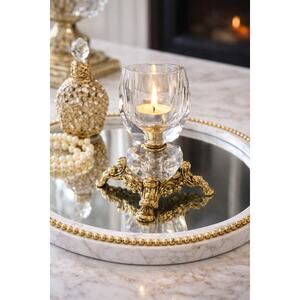 Vintage Czech Lead Crystal Votive Candle Holder Brass Hollywood Regency Decor